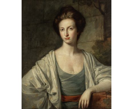 George Romney (Beckside 1734-1802 Kendal)Portrait of Mrs Anne Barnes (1741-1829), half-length, in a blue dress with a red sas