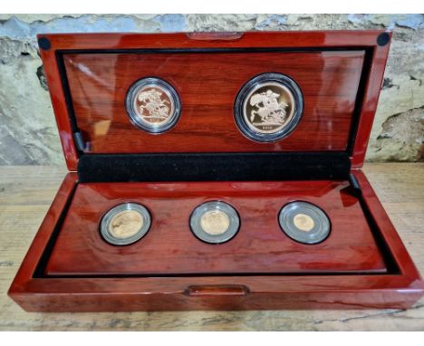 The Royal Mint, The Sovereign 2019 Five-Coin Gold Proof Set, five 22ct gold coins comprising of a five sovereign piece, doubl