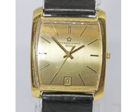 An 18ct gold Eterna-Matic 3000 wrist watch, circa 1970, case width 32mm, signed gold tone dial with baton hour markers, gold 