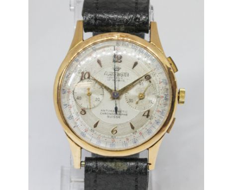 An Audix Watch 18ct gold chronograph wrist watch, circa 1950, case diameter 38mm, manual wind movement, inner metal cover, la