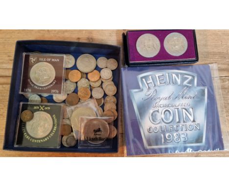 A nox of assorted UK coins to include Isle of Man 50p, commemorative crowns &amp; a 1983 Heinz uncirculated coin collection e