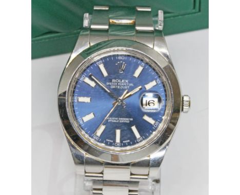 A Rolex Datejust II stainless steel wrist watch, ref. 116300, case diameter 41mm, circa 2015, signed blue dial with crown log