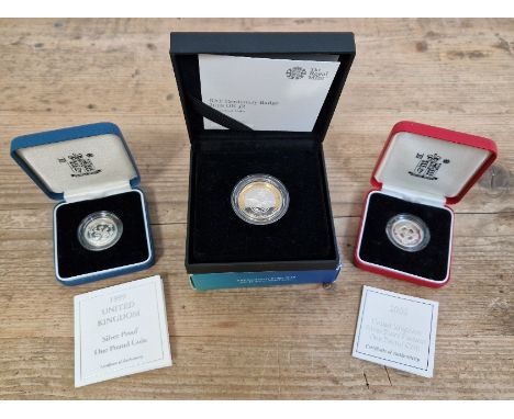 Three UK silver proof coins comprising of a 1999 one pound coin, a 2001 one pound coin and a RAF centenary badge 2018 £2 coin