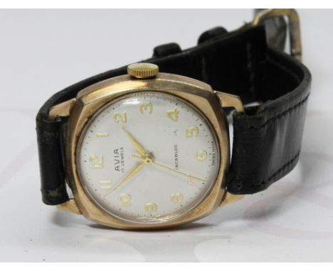 A 9ct gold Avia wrist watch, case width 29mm, 17 jewel manual wind movement, leather strap.