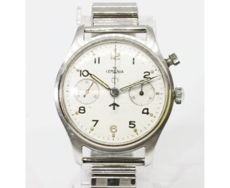 Lemania HS9 British Royal Navy Military issued mono push button chronograph wrist watch, circa 1950, stainless steel case, di