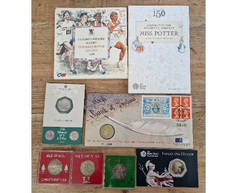 A group of assorted collectable coins to include 3 Isle of Man large 50ps (TT 1984,christmas 1981 &amp; 1983), decimal day 20