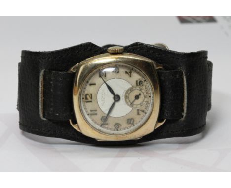 A 9ct gold Rotary wrist watch, 15 jewel manual wind movement, case width 29mm, military style leather strap.