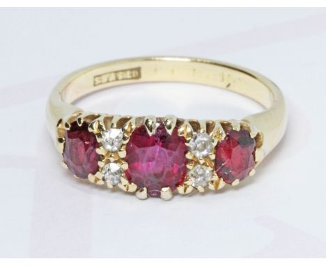A ruby and diamond ring, sponsor 'SB&amp;SLtd', hallmarks rubbed, gross weight 3.6g, size L.  Condition - good, marks rubbed,