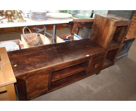 A hardwood console stand; together with a hardwood two tier shelving unit 
