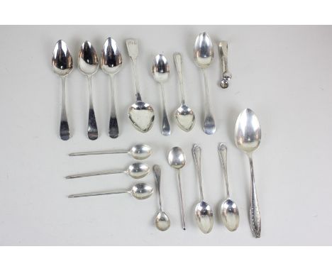 A pair of George III silver teaspoons, three other later silver teaspoons, coffee spoons, cruet spoon and small pair of tongs