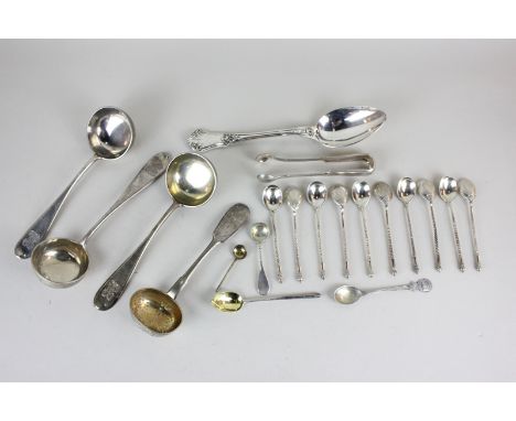 A collection of Continental silver and other metal spoons, to include three ladles marked 84, a sifter spoon, a tablespoon wi