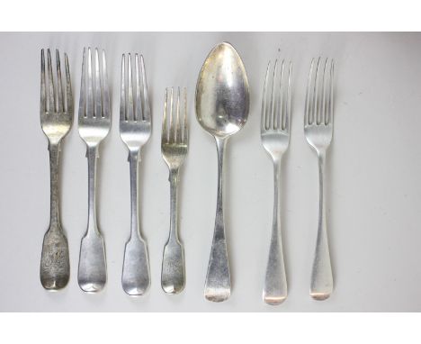 A George IV silver old English pattern table spoon, maker William Bateman, London, 1822, a William IV silver fiddle pattern d