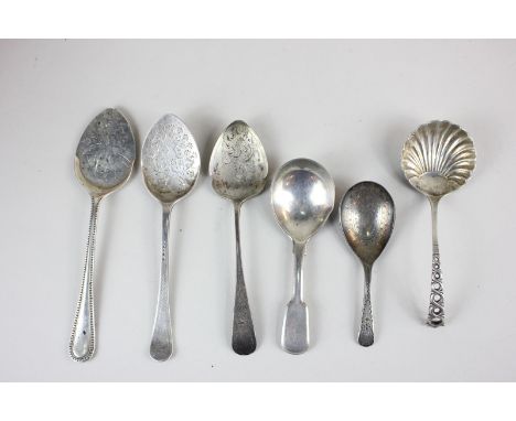 Six George IV and later silver caddy spoons, various dates and makers including Walker & Hall, 4oz