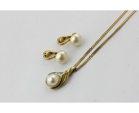 A pearl and gem set pendant in 9ct gold, and a pair of imitation pearl ear clips in 9ct gold