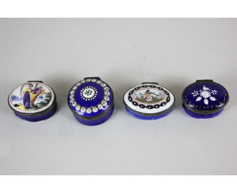 A collection of four 18th century enamel pill boxes, all with Royal blue ground and mirrored lid, one marked 'A Trifle from L