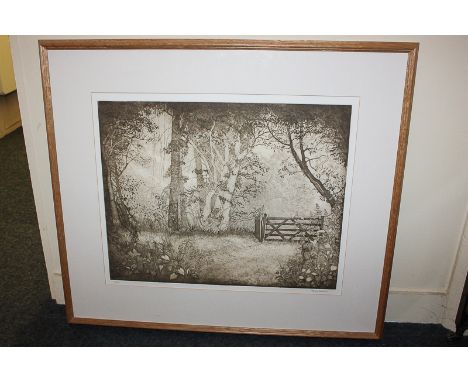 Molly Dicker (20th century), wooded landscape with farm gate, The End of the Wood, etching, signed in pencil and inscribed ar