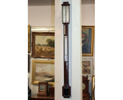 A 19th century mahogany bow fronted stick barometer thermometer, with silvered dial marked Watkins and Hall, Charing Cross, 9