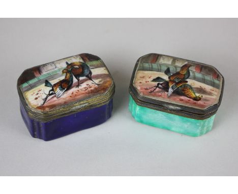 A pair of 19th century enamel dressing table boxes, rectangular form, one blue, the other green, with hinged lids decorated w