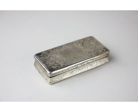 A Victorian silver snuff box, rectangular shape with engraved scroll decoration and cast thumb plate, maker WS, Birmingham 18