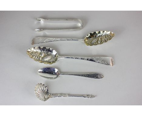 A pair of George IV silver berry spoons, maker Jonathan Hayne, London 1828, a Victorian silver sifter spoon, a pair of George