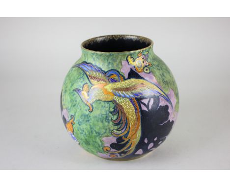 A Carlton Ware globular vase, with bright enamel design of a phoenix on green mottled ground with gilt embellishments, 14.5cm