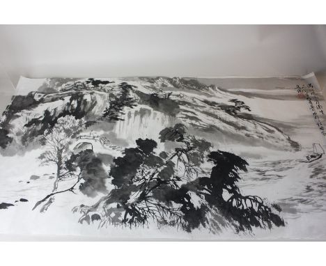 Chinese School (20th century), mountain landscape, ink drawing on tissue paper, stamped and signed, paper wrapper from Yanjin