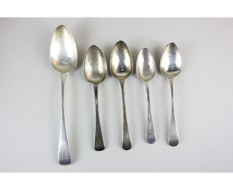 A George III silver old English pattern table spoon, maker William Sumner I, London, 1802, together with four George III silv