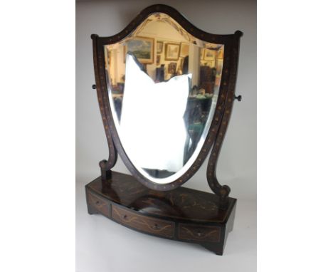 An impressive Sheraton style inlaid mahogany dressing table mirror with shield shape frame on box mirror base decorated with 