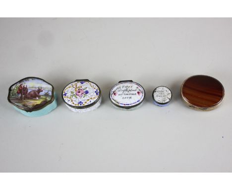 A collection of four 18th century and later pill and trinket boxes, one marked 'This trifle pleads my constant love', another