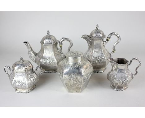 A late 19th / early 20th century German 800 silver five piece tea service, maker Storck &amp; Sinsheimer, Hanau, the embossed