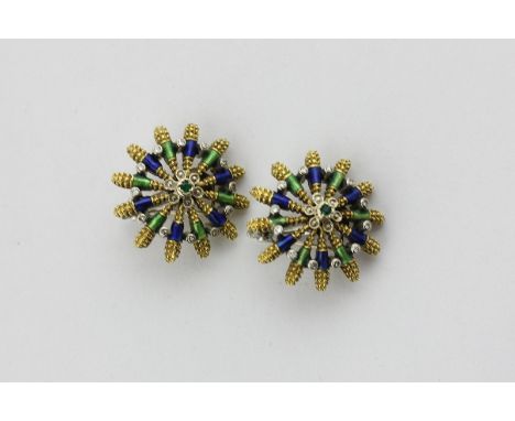 A pair of diamond and enamel ear clips in 18ct gold, 13.6g