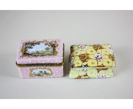 An 18th century French enamel trinket box depicting a landscape with a shepherdess by a lake, on pink ground, together with a