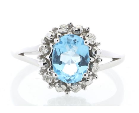 An oval blue topaz is surrounded by a halo or diamonds on this stunning 9ct white gold split shank diamond ring. Item Specifi
