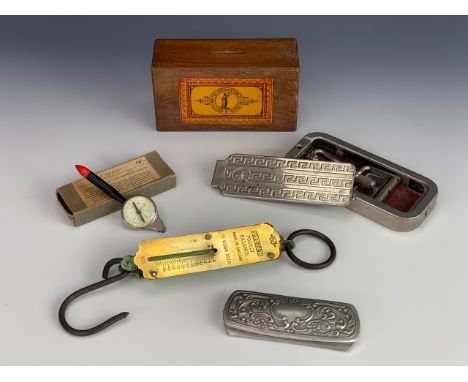 A Salter pocket balance, cased vintage spectacles, a wooden coin box, a vintage motoring combined map measurer, compass and s