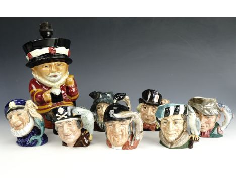 Seven Royal Doulton character jugs together with a kitsch Beefeater character lamp, lamp 24 cm excluding socket.