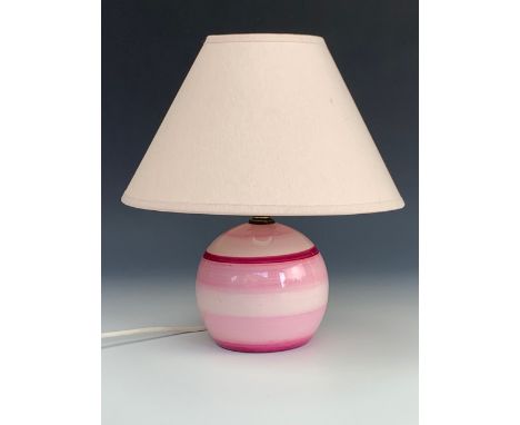 A Grey's Pottery table lamp, of spherical form, decorated in shades of pink, base approximately 11 cm high (excluding socket)