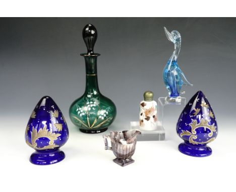 A Victorian enameled and gilt emerald glass decanter, a pressed agate glass jug, a milk glass perfume bottle etc.