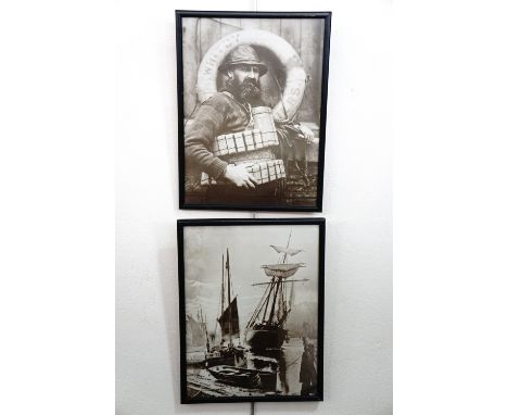 Two photographic studies of the Victorian fishing industry, including a portrait of a fisherman and a view of sail boats in a