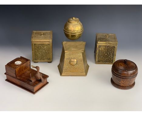 Sundry antique and vintage caddies including a 1924 British Empire Exhibition example, together with a novelty mechanical cig