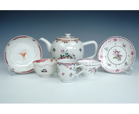 Georgian tea porcelain including a Chinese famile-rose bullet form tea pot, two tea bowls and saucers, and a coffee cup