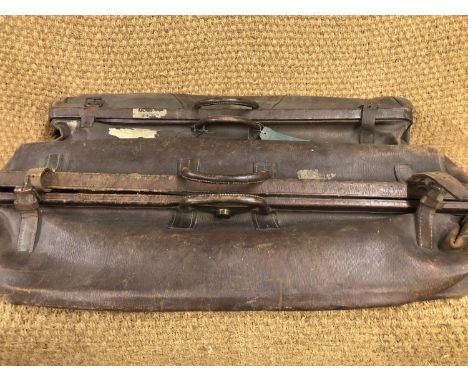 Two vintage hide cricket bags, wicket stumps, bat etc