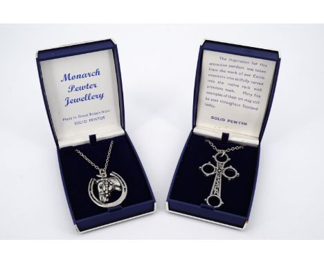 A Monarch pewter horse pendant together with a Celtic cross