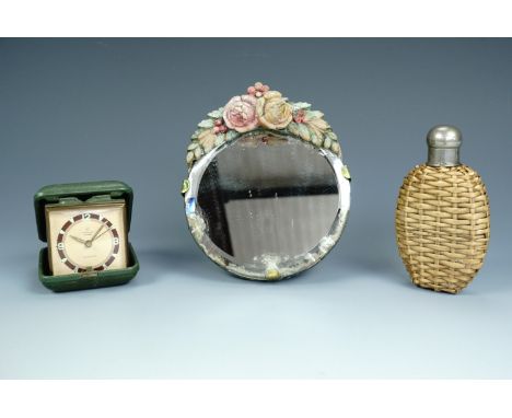 A small Barbolla type dressing table mirror, a Victorian rattan bound hip flask and a Junghans Divox travel clock.