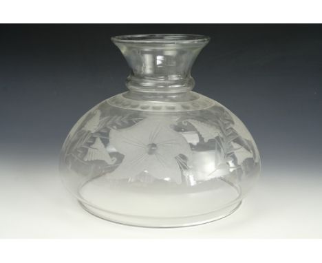 An antique pendant brass oil lamp with wheel-cut and etched glass shade, late 19th / early 20th Century, 65 cm high (total)