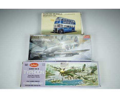 Three vintage model kits, including a Guillow's Hawker MK 1B Typhoon, one further Academy model, and a Tower Model of a Bradf
