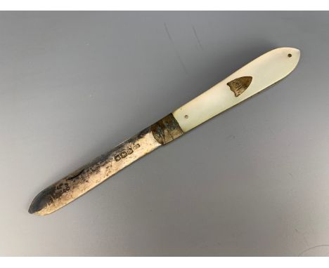 A silver pocket folding fruit knife, one mother-of-pearl grip scale inset with a shield-shaped escutcheon