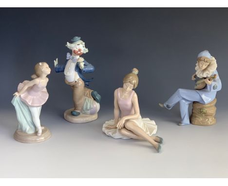 Four Nao figurines including ballerinas, a clown etc, tallest 20 cm