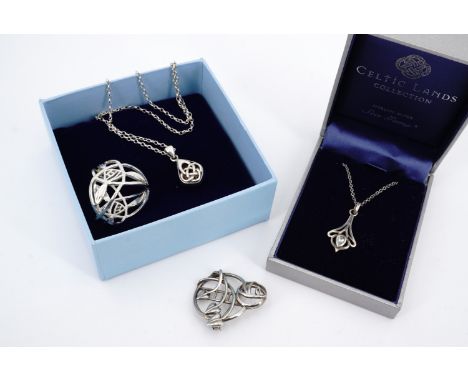 Contemporary white metal jewellery of Celtic influence, including a Charles Rennie Mackintosh influenced silver brooch, a Cel