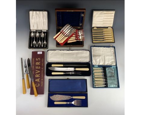 A quantity of cased sets of antique and vintage electroplate and cutlery including a Victorian Christening set, fish servers,