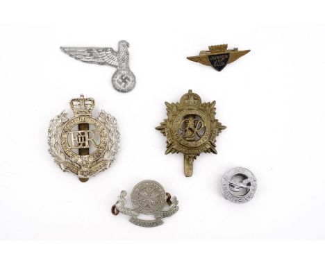 Royal Army Service Corps and Royal Engineers cap badges, a damaged German Third Reich Army cap badge, Saint John Ambulance Br